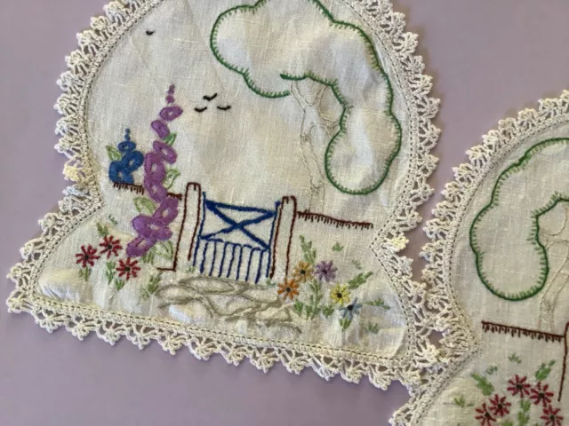 Pair Vintage  hand  embroidered Doilies - Cottage Garden Gate 2