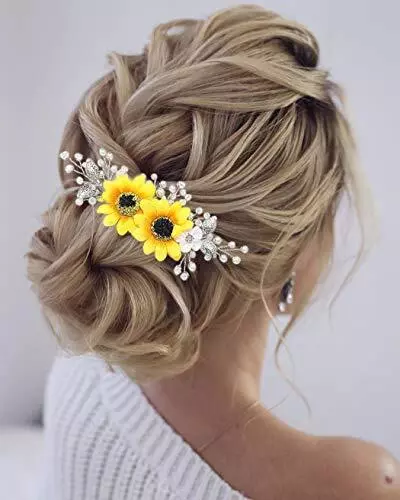 Sunflower Bride Wedding Hair Comb Crystal Pearl Bridal Hair Pieces Leaf Side Com