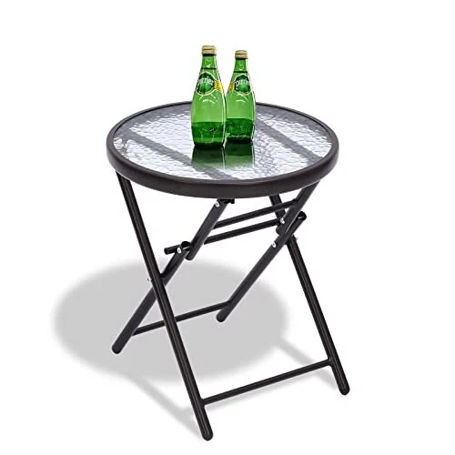 18’’ Round Folding Side Accent Coffee Tea Table Tempered Glass Top Metal End