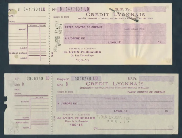 France: 1943 & 1948 Credit Lyonnais "SCARCE WORLD WAR II ERA CHEQUES"