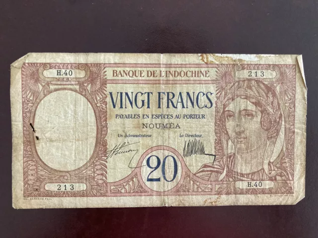 WW2 Noumea Banque De Indochina note/paper money. Vingt/20 Francs H.40 213