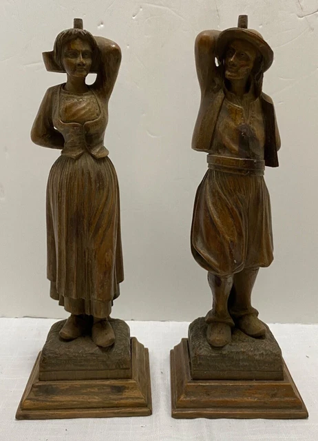 Pr 14" French Figures Antique Hand Carved Wood Furniture Column Salvage Complete