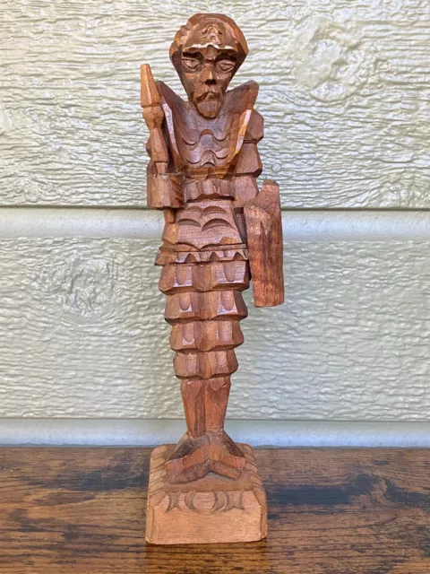 Vintage Hand Carved Wood Statue of Knight w/ Sword & Shield 9" MCM Boho