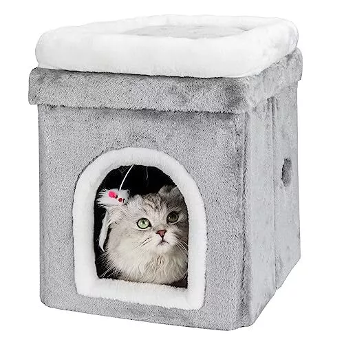 Cat Bed House Cube for Indoor Cats, Large Indoor Covered Cat Cave Bed Cat Ott...