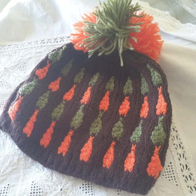 Pom Pom Vintage anni '70 Maglia Tè Accoglienti Carote Marroni Arancioni