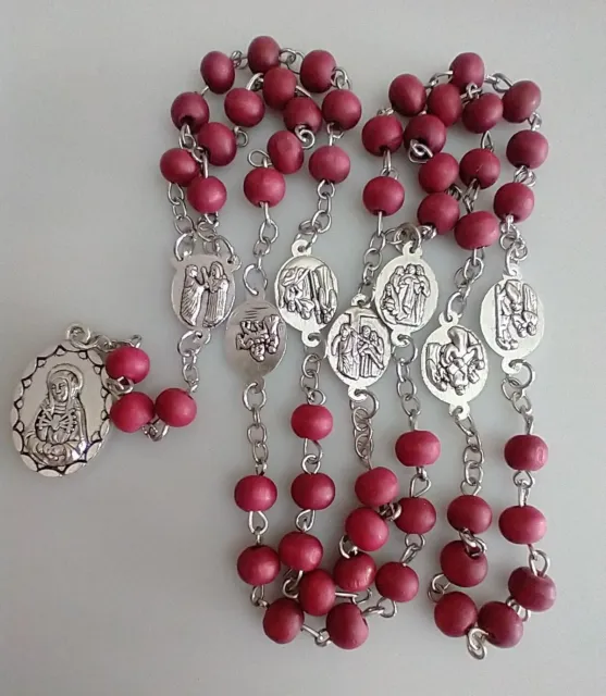Catholic 7 Seven Sorrows of Mary Rosary Silver Tone Crucifix Red Wood Beads