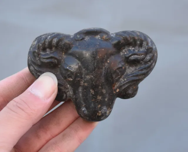 3.4" Old Chinese Hongshan Culture Jade (Black magnet) Sheep Head Pendant