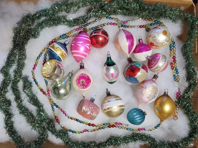 17 Vintage German & Polish Glass Christmas Ornaments, Bead & Victorian Garlands!