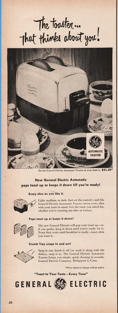 1950 General Electric GE Automatic Toaster that thinks about you vintage ad