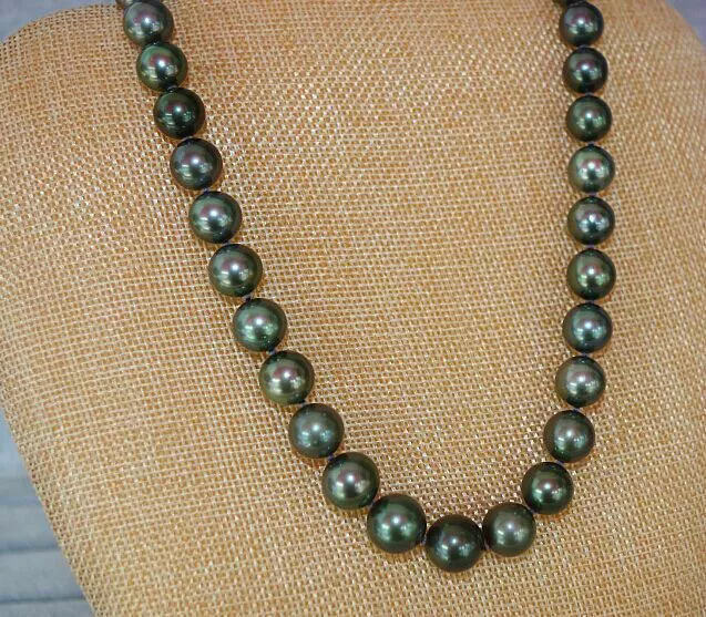 stunning 9-10mm natural tahitian peacock green round pearl necklace 18 inch