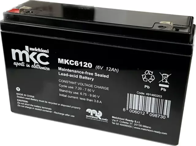 Batteria al piombo ricaricabile 6V 12Ah terminale faston 4.8mm MKC6120 MELCHIONI