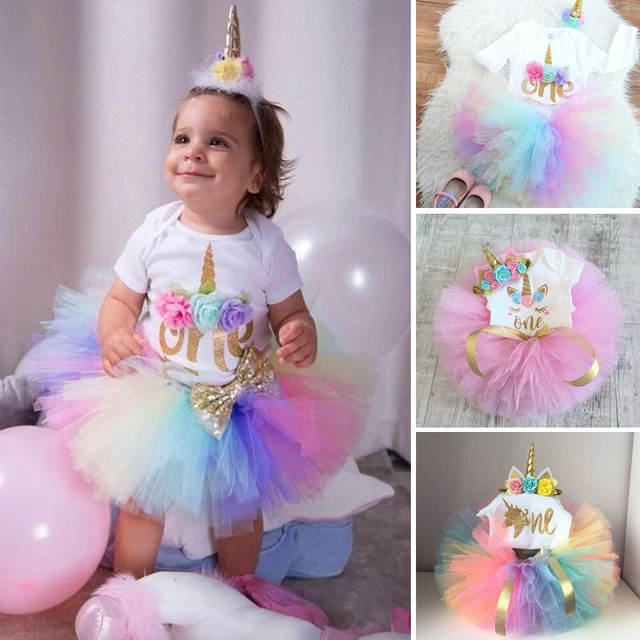Abito tutù 3 pz bambina 1 ° compleanno festa unicorno romper torta smash 2