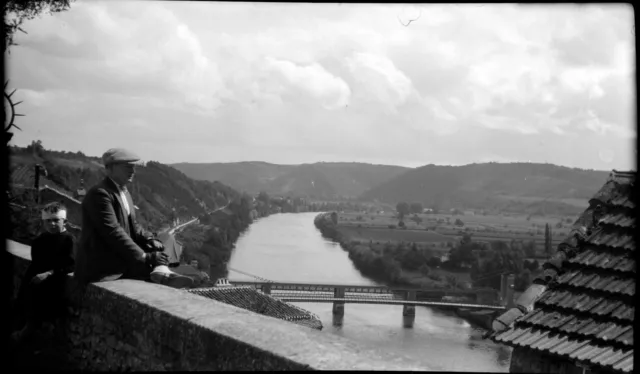 Cahors Bridge Landscape Men's Portrait - Antique Photo Negative Year 1920