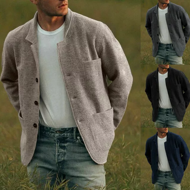 Woolen Trench Coat Jacket Solid Winter Warm Button Casual Overcoat Outwear Men's