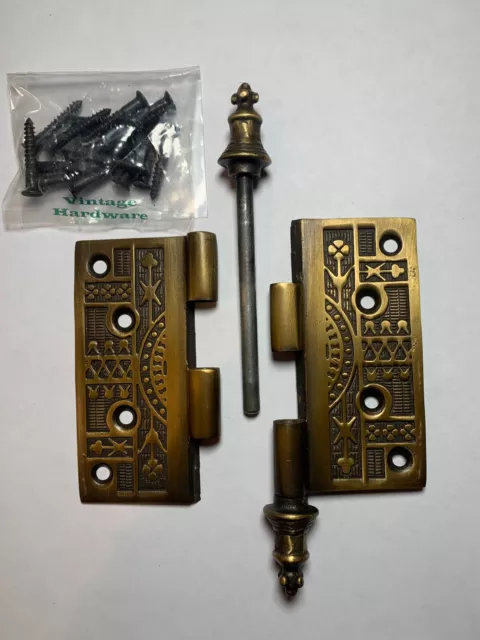 Antique Brass Finish 4" x 4" Pair Of Eastlake Steeple Tip Door Hinges (H-DK12) 2