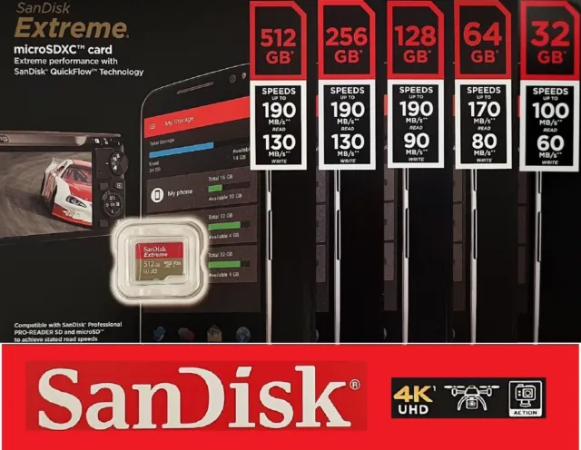 Sandisk Extreme microSDHC 32GB 64GB 128GB 256GB 512GB microSDXC UHS-1 U3 A2 V30