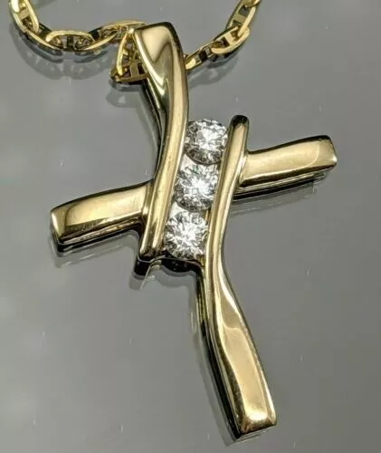 14K Yellow Gold Plated Silver Round Simulated Diamond Cross Religious Pendant