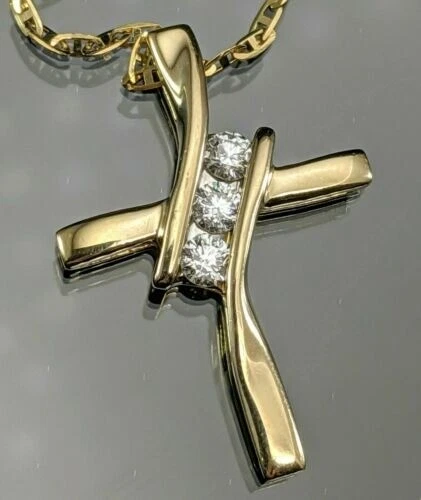 14K Yellow Gold Plated Silver Round Simulated Diamond Cross Religious Pendant