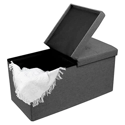 30 Inches Storage Ottoman Bench with Flipping Lid, Linen Foldable Storage