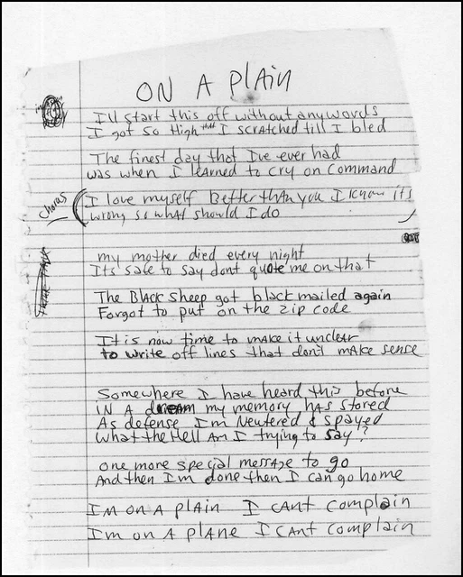 NIRVANA POSTER PAGE Kurt Cobain Hand Written On A Plain Original Lyrics ...