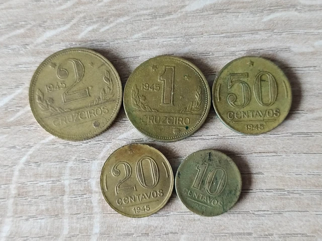 Brazil set of 5 coins 2+1 cruzeiro+50+20+10 centavos 1945