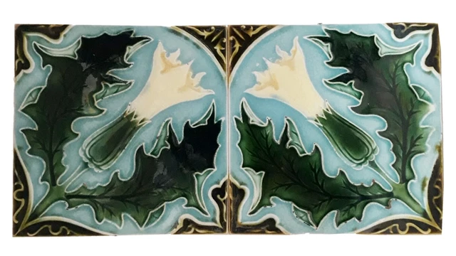 Rare 2 Piece Vintage Old Art Flower Design Embossed Majolica Ceramic Tiles.
