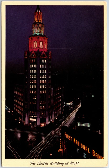 VINTAGE POSTCARD THE ELECTRICAL BUILDING AT BUFFALO AT NIGHT AND BANK SIGN 1960s