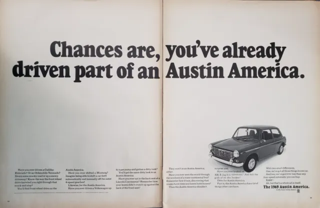 1968 Austin America 1969 Automobile Car Vintage 2 Page Print Ad