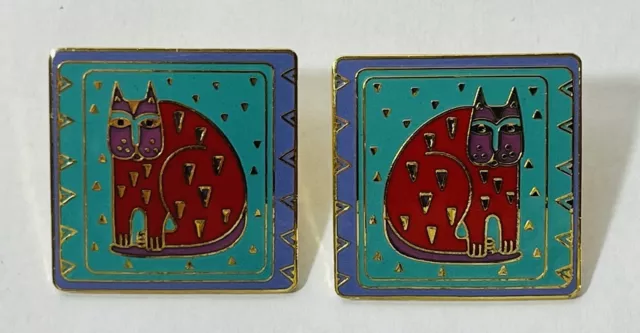 Laurel Burch Fantastic Feline Cat Enamel Square Post Earrings Signed