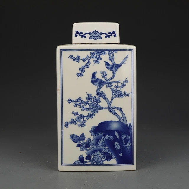 Chinese Blue and White Porcelain Jar Qing Kangxi Flowers Bird Tea Caddy Pot 8.1"