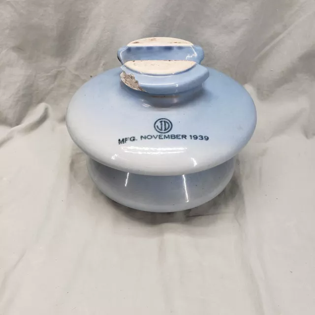 Large Vintage 1939 Light Blue JD Electric Power Porcelain Insulator - Electrical