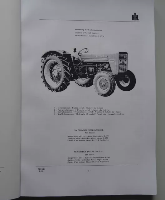 IHC Mc Cormick Ersatzteil Katalog 523, 624, Ersatzteilliste