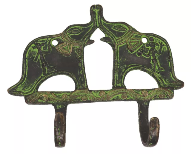 Elephant Pair Shape 2 Hook Victorian Style Handmade Brass Cloth Wall Hanger Hook