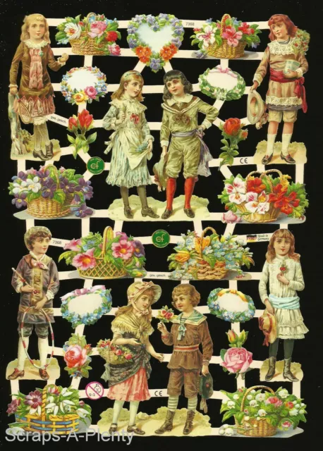 German Victorian Style Embossed Scrap Die Cut - Children Hearts & Flowers EF7368