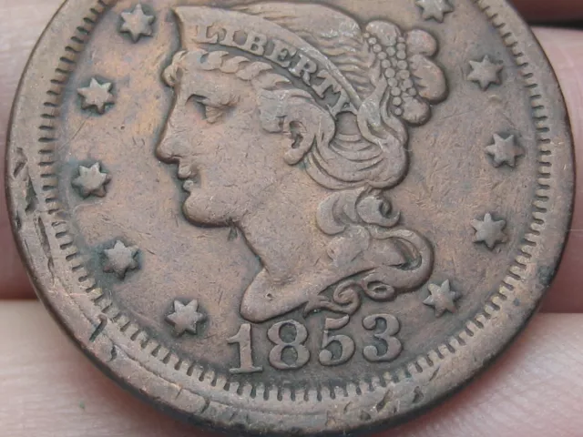 1853 Braided Hair Large Cent Penny, VF/XF Details