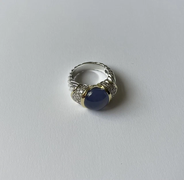 DAVID YURMAN STERLING SILVER 18K BLUE CHALCEDONY DIAMOND CAPRI RING Size 6.5