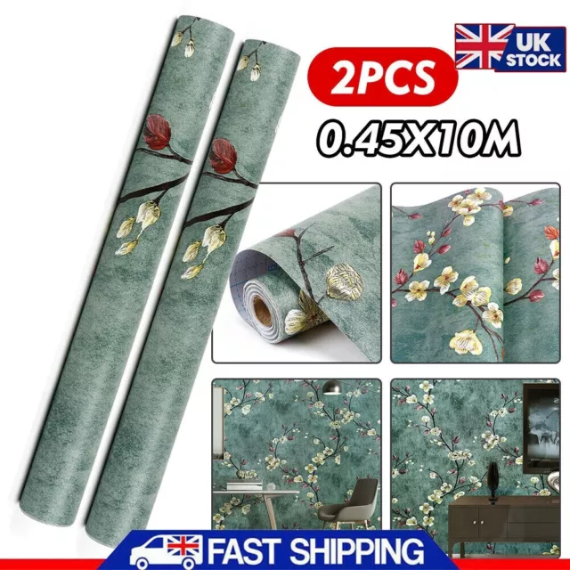 2pc 10m Green Self Adhesive Floral Wallpaper Living Room Bedroom Wall Sticker