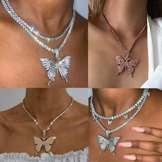 Fashion Butterfly Pendant Necklace Rhinestone Chain Women Bling Crystal Choker