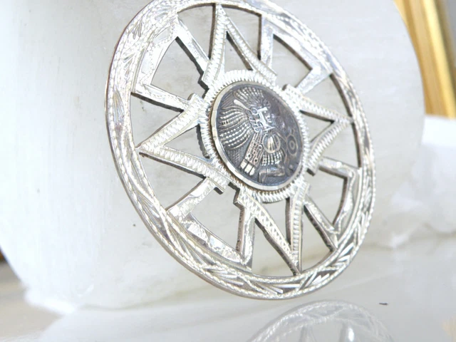 Vintage Mexico Sterling Silver 925 Aztec Sun Calendar Reversible Large Pendant