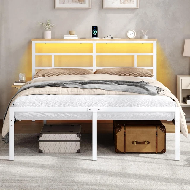 Metallic. Click SINGLE METAL BED Frame with LED Lights Charging Station £200.37 ...