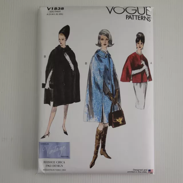 Vogue Sewing Pattern V1838 1838 Misses Lined Cape w/variations Size S-XXL NEW