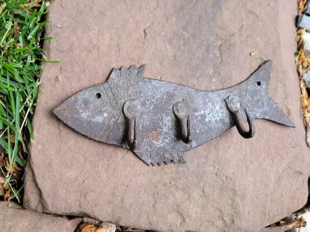 Antique Blacksmith Forged Iron Fish-Shaped GAME HOOK Folk Art Hunting Fishing