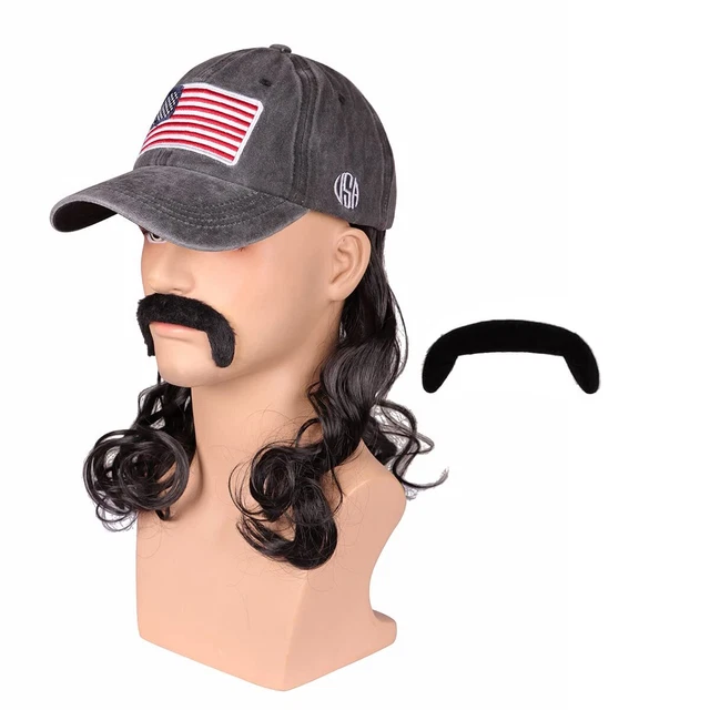 Medium Black Wavy 80s Mullet Hat Wig with Mustache