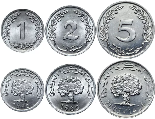 Tunesien KONVOLUT 3 Münzen - 1 u. 2 Milliemes 1960 + 5 Milliemes 2005 UNC - LOT
