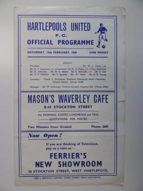 HARTLEPOOLS U vs STOCKPORT CO. | 1959/1960 | DIV. 4 | 13 FEB 1960 | UK FREEPOST