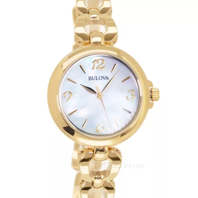 BULOVA Womens Gold Dress Watch, White MOP Dial, Stainless Steel Open Bracelet