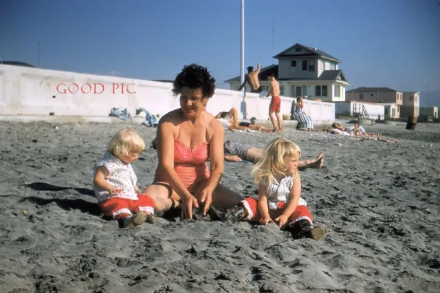 #L69- dd Vintage 35mm Slide Photo- Woman-Twin Girls-Beach - Red Kodachrome 1950s