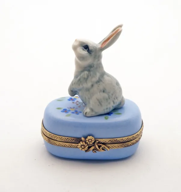 New French Limoges Trinket Box Cute Easter Gray Bunny Rabbit on Blue Floral Box