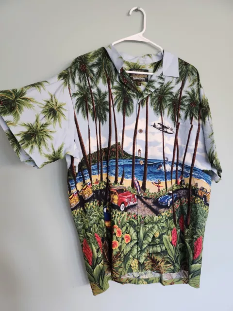 Hawaiian Reserve Shirt Mens Sz L 100% Rayon Multicolor Vintage Palm Button Front