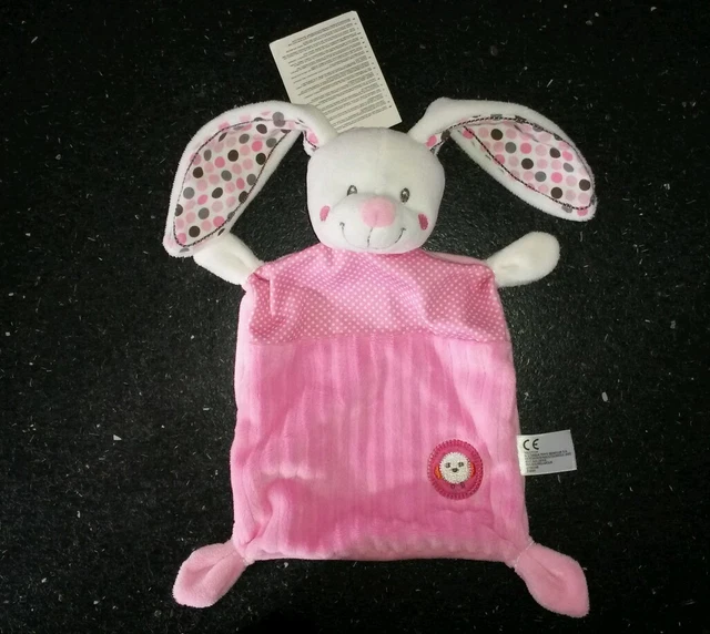 Doudou lapin rose Nicotoy plat pois blanc gris Rond oreilles oiseau poussin
